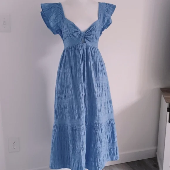 BLUE UNIVERSAL THREAD RUFFLE FLUTTER SLEEVE PUCKER SMOCK TWIST FRONT MIDI DRESS - Picture 2 of 11